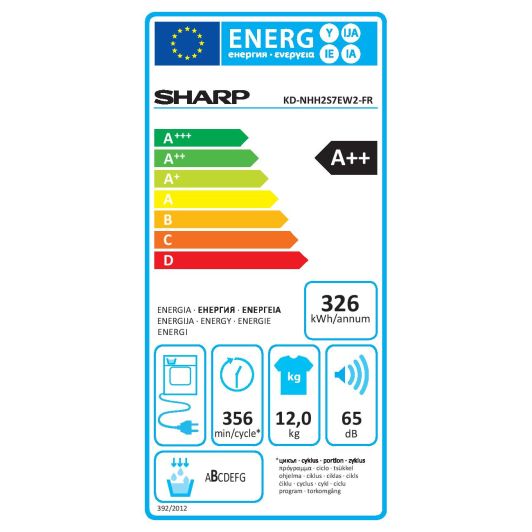 Sèche-linge pompe à chaleur 12 kg SHARP KD-NHH2S7EW2-FR