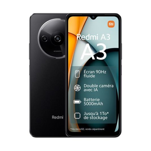 PACK Smartphone XIAOMI Redmi A3 128Go Noir 4G + Coque + Verre Trempé