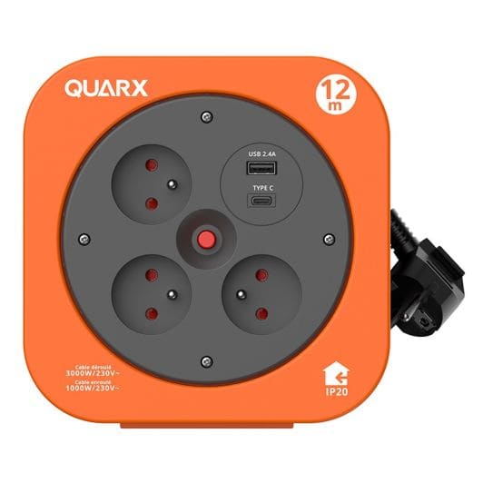 Enrouleur QUARX 3 prises + USB A/C 12m